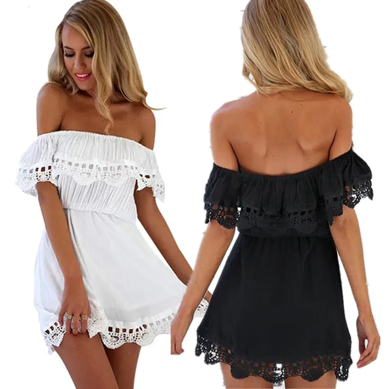 

Women Sexy Off Shoulder Mini Dress Summer Fashion Lady Slash Neck White Short Sleeve Party Beach Dresses Sundress Robe Femme