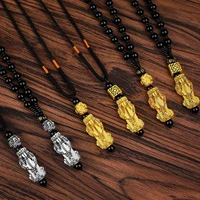 golden sliver brave troops pendant imitation gold necklace obsidian bead chain six character mantra amulet gift daily jewelry
