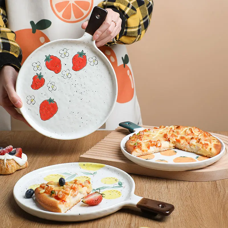 

Japanese Ceramic Dinner Plates Dish Steak Salad Tray with Wooden Handle Cartoon Steak Plates Home Decor Round Dishes Tableware