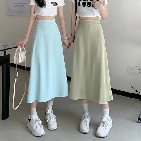 Skirts Women Summer Solid High Waist Friends Korean Style Streetwear Leisure Solid Trendy Baggy Ulzzang Popular Mid-Calf A-line