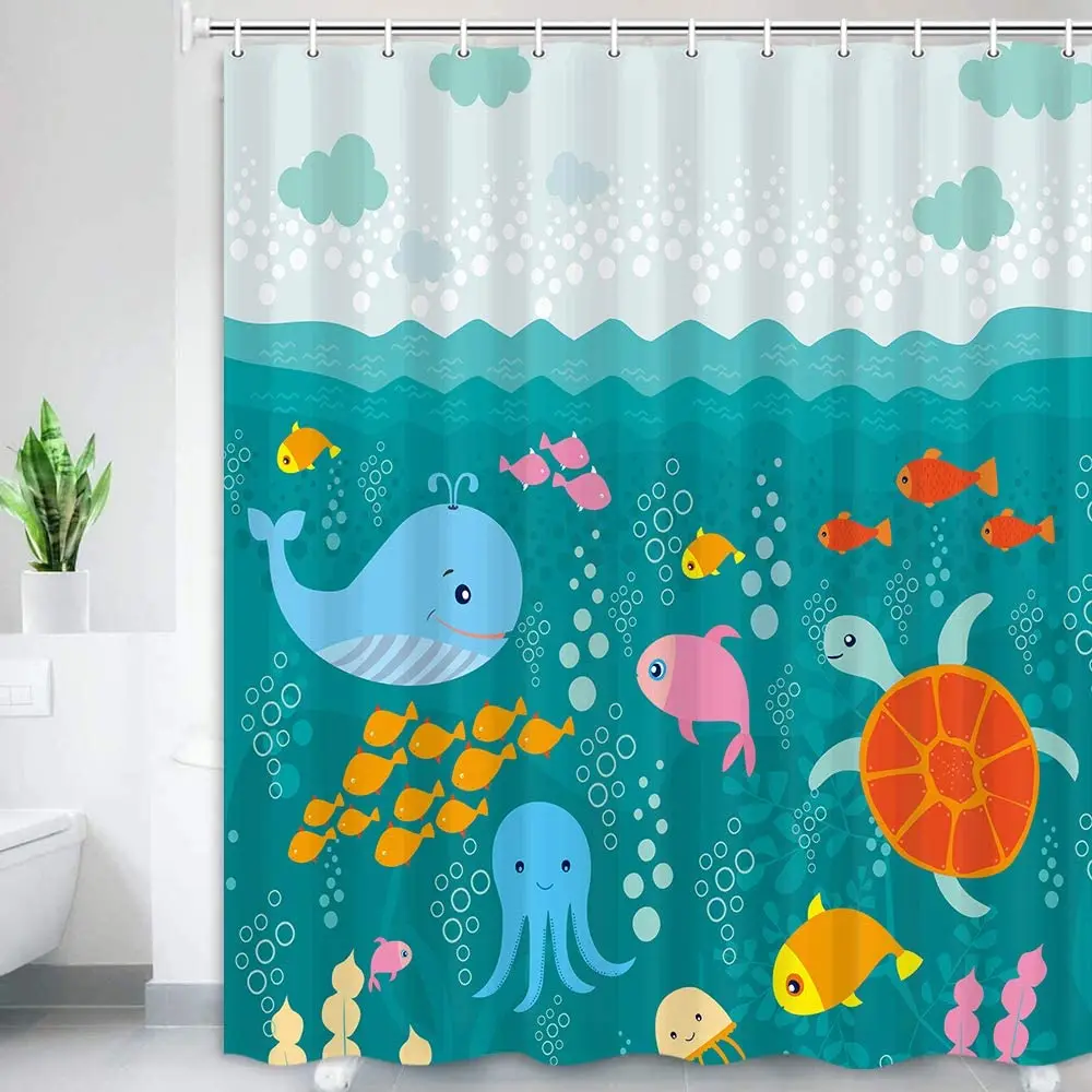 Kids Teal Shower Curtain Cartoon Cute Whale Turtle Fish Blue Fabric with Hooks Waterproof Polyester Bathroom Decor Bath Curtains