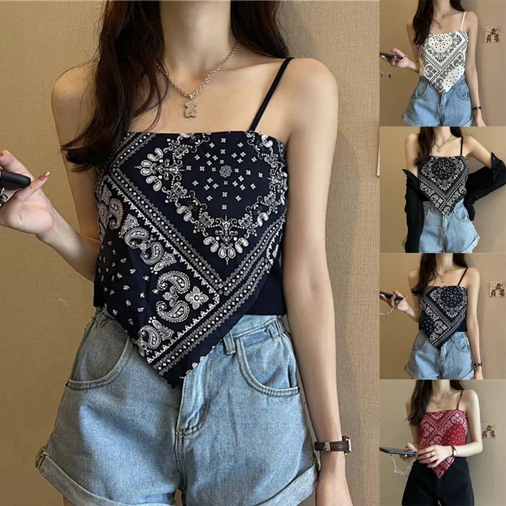 

Women Fashion Satin Tie Back Knot Spaghetti Bandana Tube Crop Top Print Sleeveless Vest Blouse Basic Plain Camisole