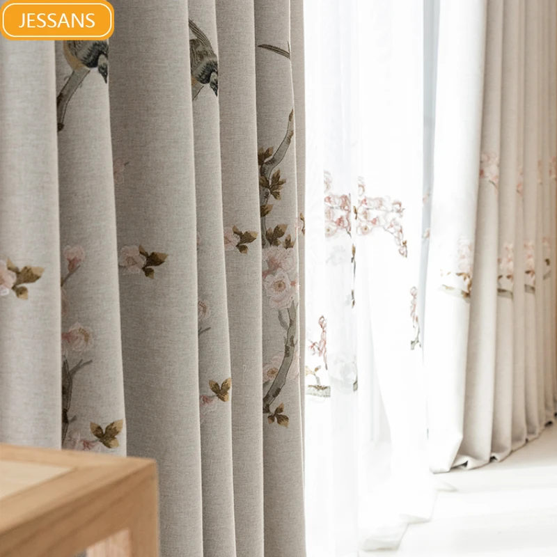 

Custom Plum Bird Quest Spring New Chinese Curtains Modern Embroidery High-end Light Luxury Living Room Bedroom Customization