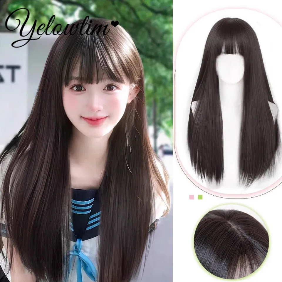 YELOWTIM Synthesis Парик Полный комплект головы для женщин с длинными волосами и челкой
