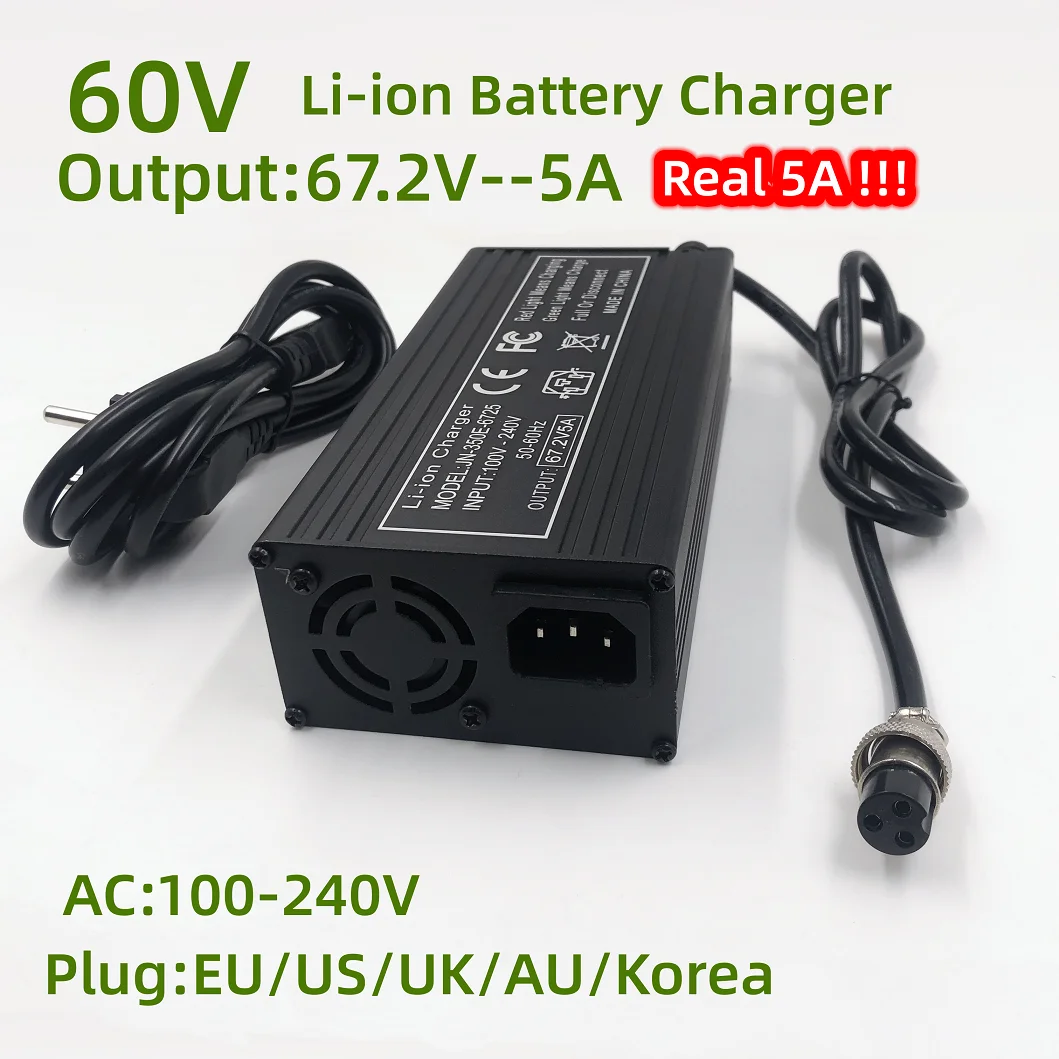 60V Fast Charger 67.2V/5A Charger For 16S 60V Electric Bike lithium Battery Charger GX16 Connector Strong Heat Dissipation