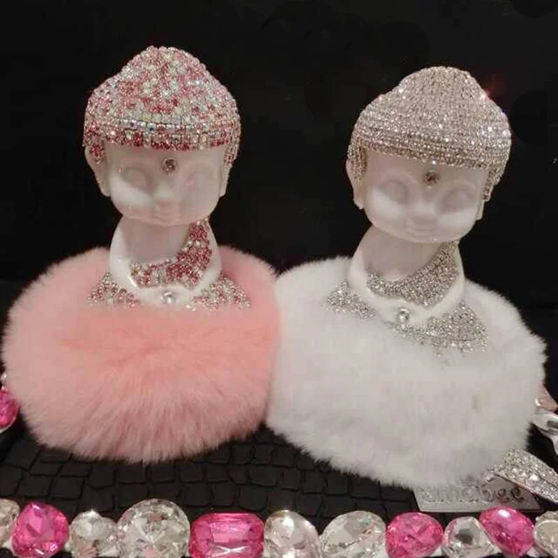 

Arrival New Creative Diy Luxury Diamante Holder Elegant Buddha with Rabbit Hair Dress Car Perfume Decoration