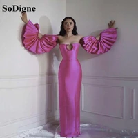 sodigne pink taffeta feather sheath evening dresses with sleeves strapless floor length prom gowns dubai arabic women