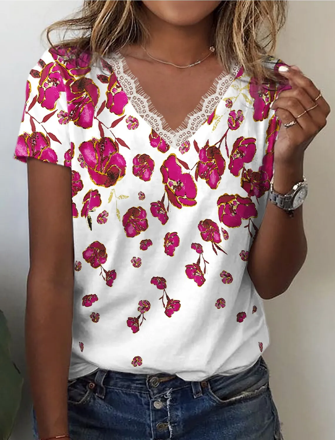 

Женская футболка с кружевной отделкой, красная, синяя, зеленая футболка с цветочным рисунком и коротким рукавом, базовая футболка с V-образн...