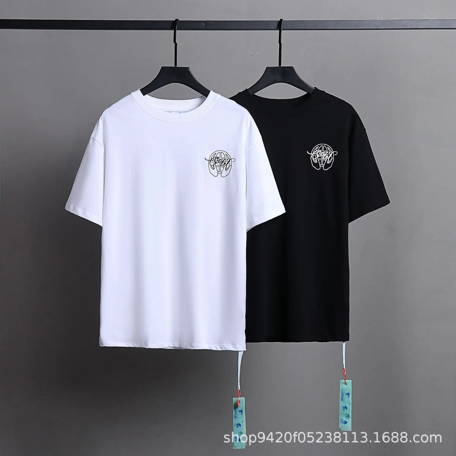 

Spring/Summer New High Edition OFF White OW Earth Palm Arrow Pattern Crew Neck Pullover Short Sleeve T Shirt