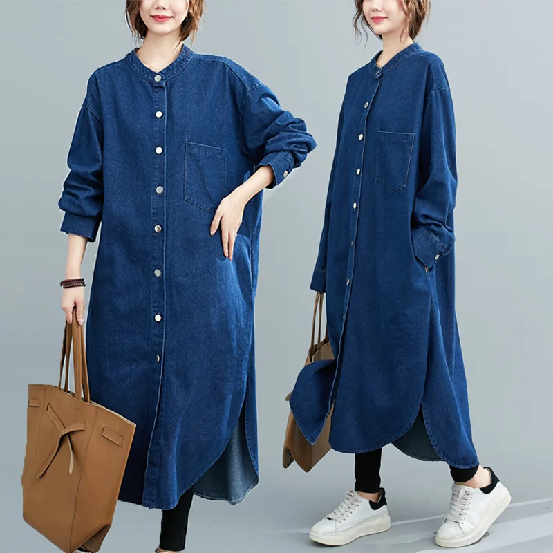 

2022 New Spring Autumn Loose Long Denim Coat Women Vintage Shirt Jacket Windbreaker Female Streetwear Outerwear Cardigan