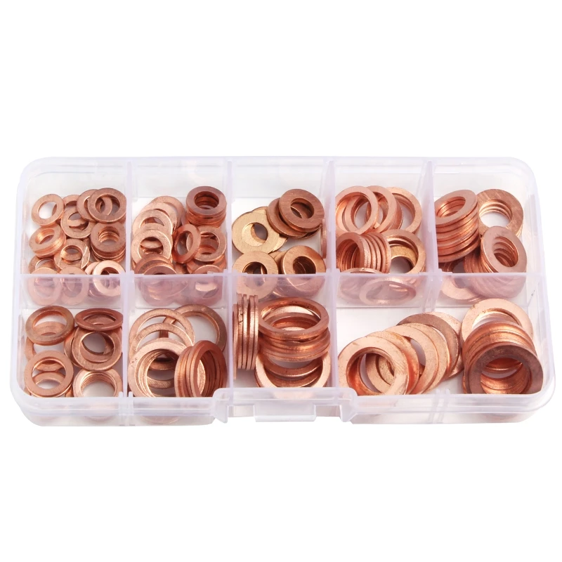 

Медные Плоские Шайбы 200 шт./коробка, набор в ассортименте, метрические Уплотнительные Шайбы для автомобилей, доставка M5 M6 M8 M10 M12 M14(9 размеров)