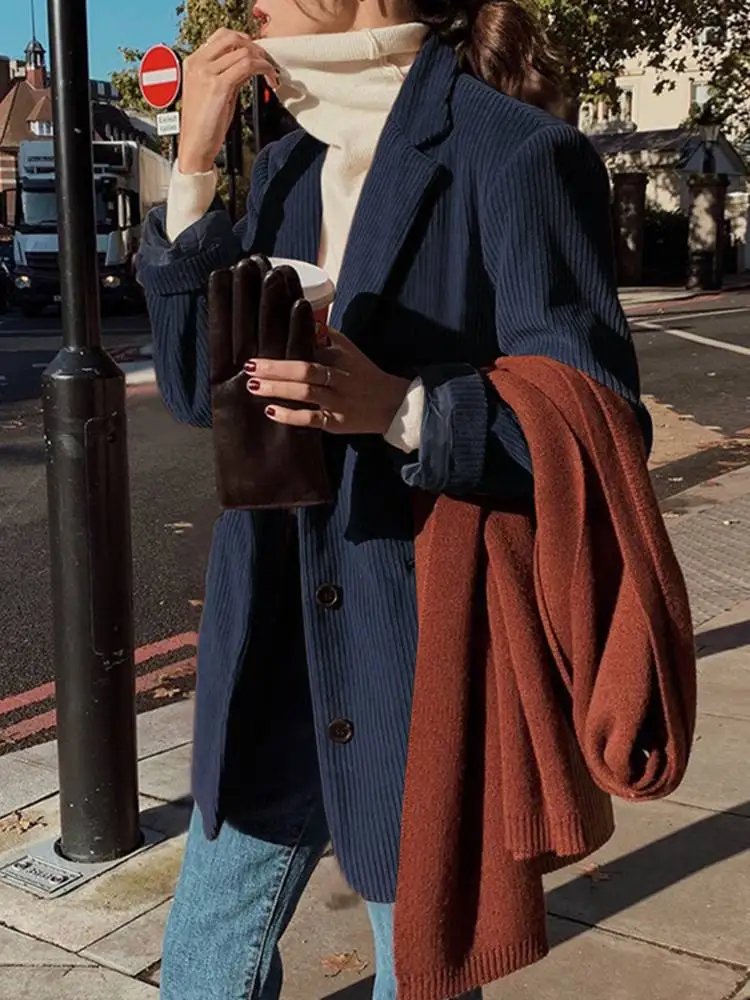 

ZANZEA Autumn Vintage Corduroy Blazer Elegant Women Loose Button Coat Female Overcoats Long Sleeve Lapel Casual Jackets Chaqueta