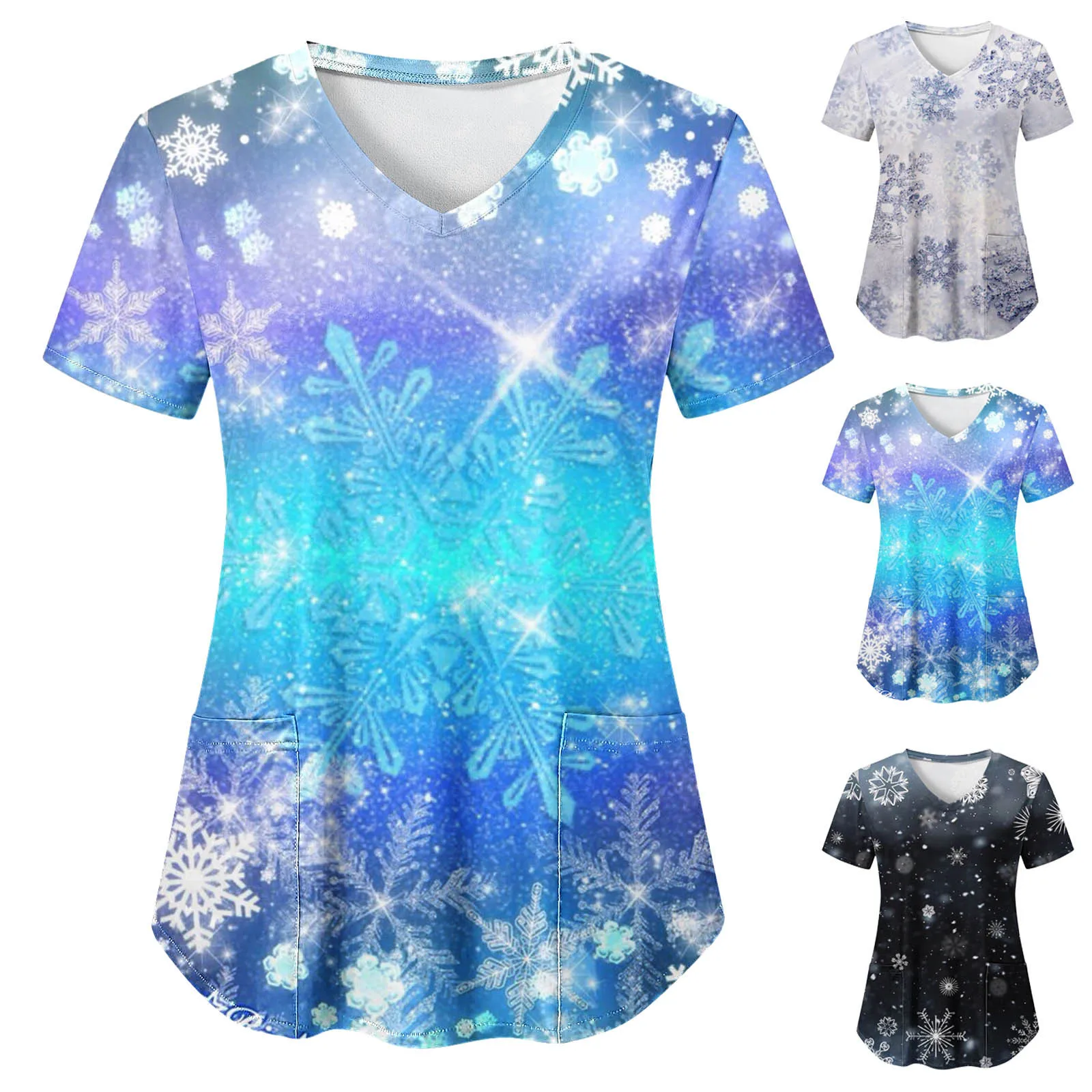 

Graphic Scrubs Medical Uniform Women Casual Christmas Snowflake Fun Gradient Print Short Doctor Beauty Health Clinicos Cloth