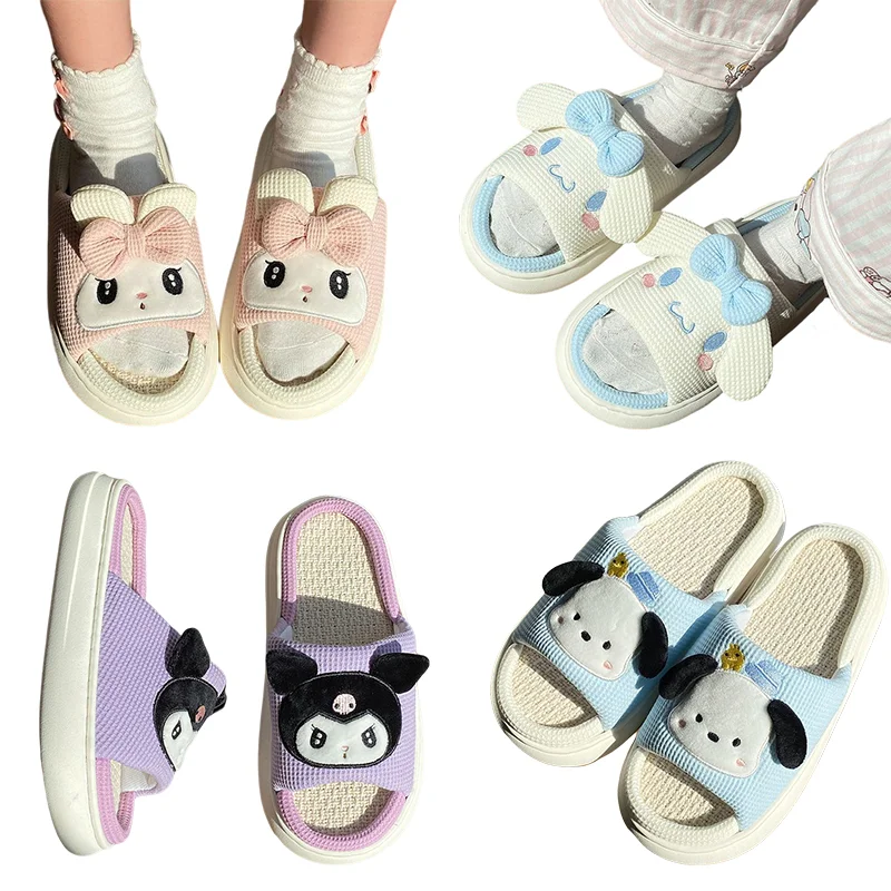

Anime Kawaii Sanrio Kuromi Slippers Cinnamoroll My Melody Pochacco Couple Cartoon Cute Indoor Non Slip Breathable Flax Sandals