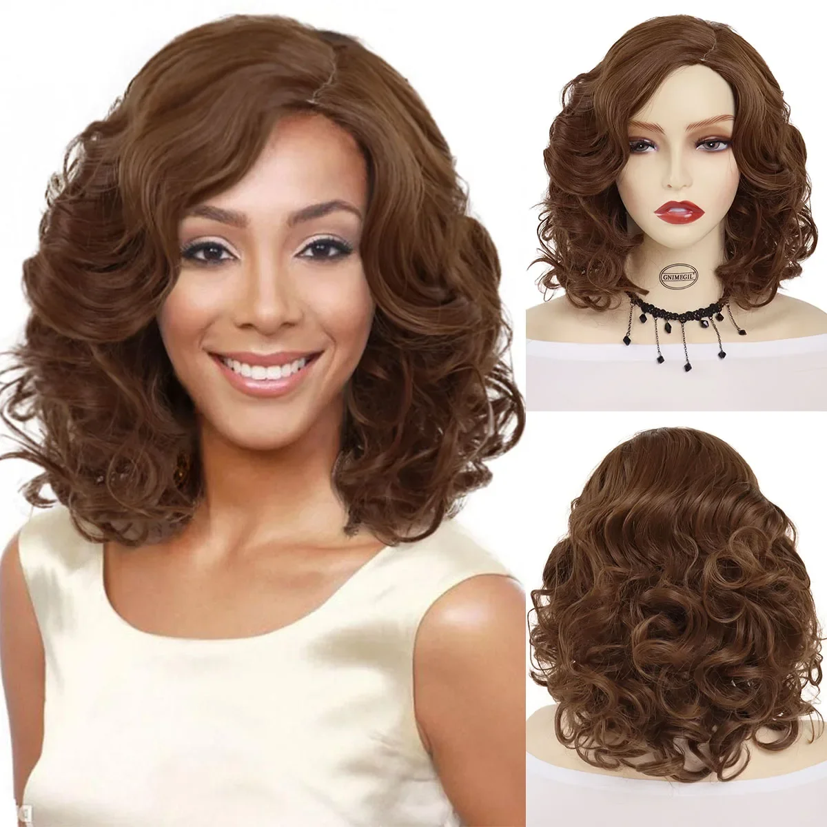 

GNIMEGIL Synthetic Medium Brown Curly Wig Side Parting Hair Natural Fluffy Wig for Black Women Ladies Party Halloween Cosplay