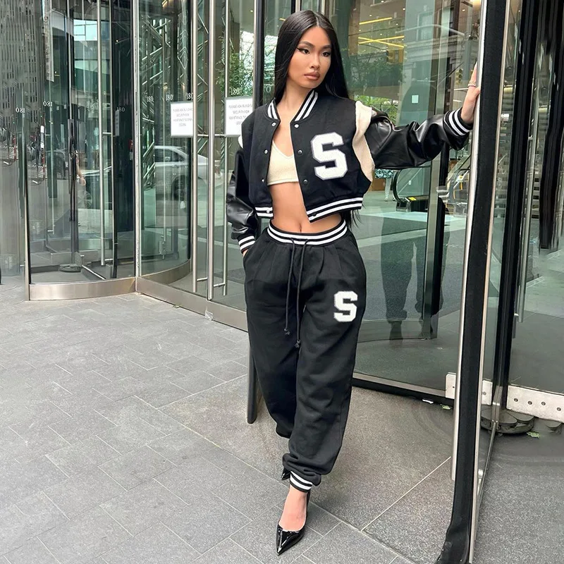 

Jacket Suit Women Pu Leather Baseball Uniform Fashion 2022 Autumn Letters Contrast Color Stitching Female 2 Piece Set