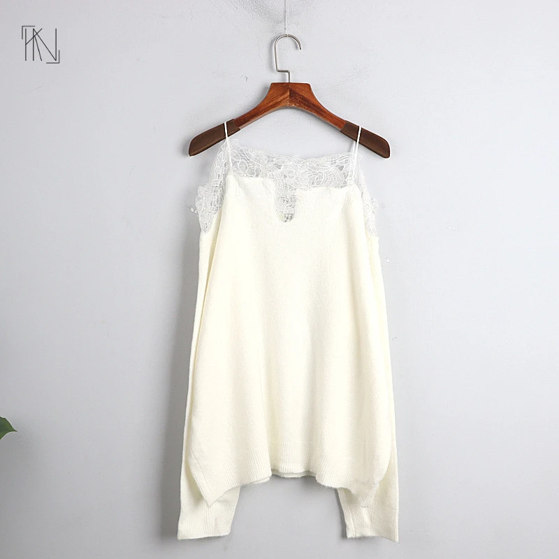 

White Lace Hollow Jumper 2022 New Commuter Fashion One Neck Strapless Knitted Sweater Loose Long Sleeve Top