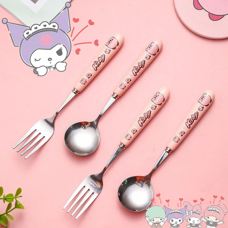 

Kawaii Sanrio Tableware Three Piece Suit Anime Kirby Chopsticks Spoon Fork Portable Stainless Steel Set Child Girl Cute Gift