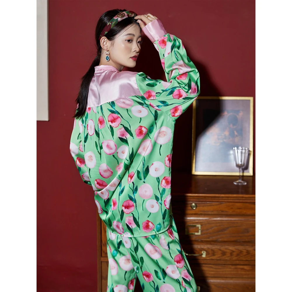Maison Gabrielle 2022 Spring Summer New Printed Pajamas Set Koungewear Sleepwear for Women 2 Piece Long Sleeve Silk Chinoirserie