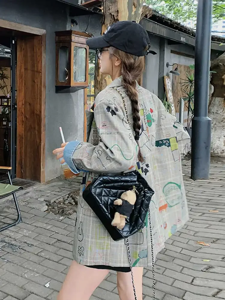 High Street Y2K дизайн граффити клетчатый пиджак куртка свободное пальто на заказ