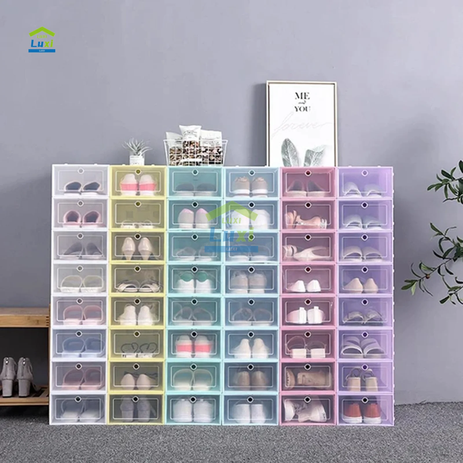 6 kind Plastic Shoe Box Stackable Foldable Shoe Organizer Drawer Storage Case with Flipping Clear Door Ladies Men 33.5x23.5x13cm