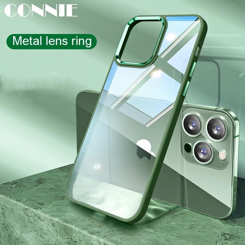 

Luxury Transparent Metal Camera Protect Case For iPhone 13 12 11 Pro Max XR XS X 7 8 Plus SE2022 Silicone Bumper Hard Back Cover