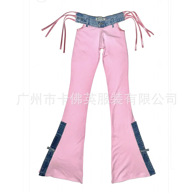 

90s Y2k Street Fashion Sexy Cut Out Flare Pant Women Summer Sweet Pink Skinny Long Trousers Ins Hot Girls Jeans Patchwork Pants