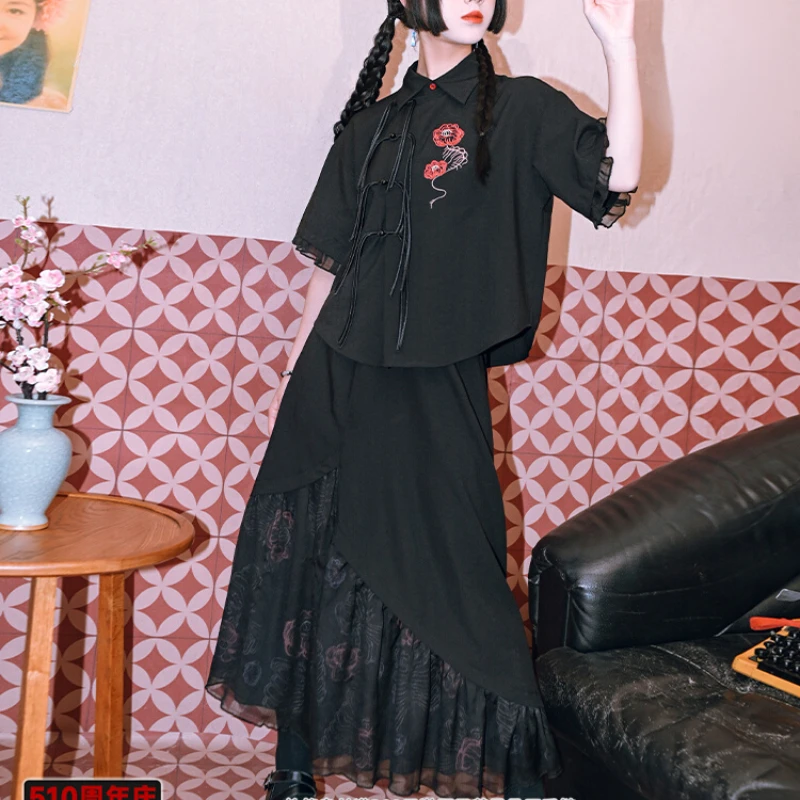 Темно-черный китайский костюм с кисточками женская шифоновая рубашка вышивкой в