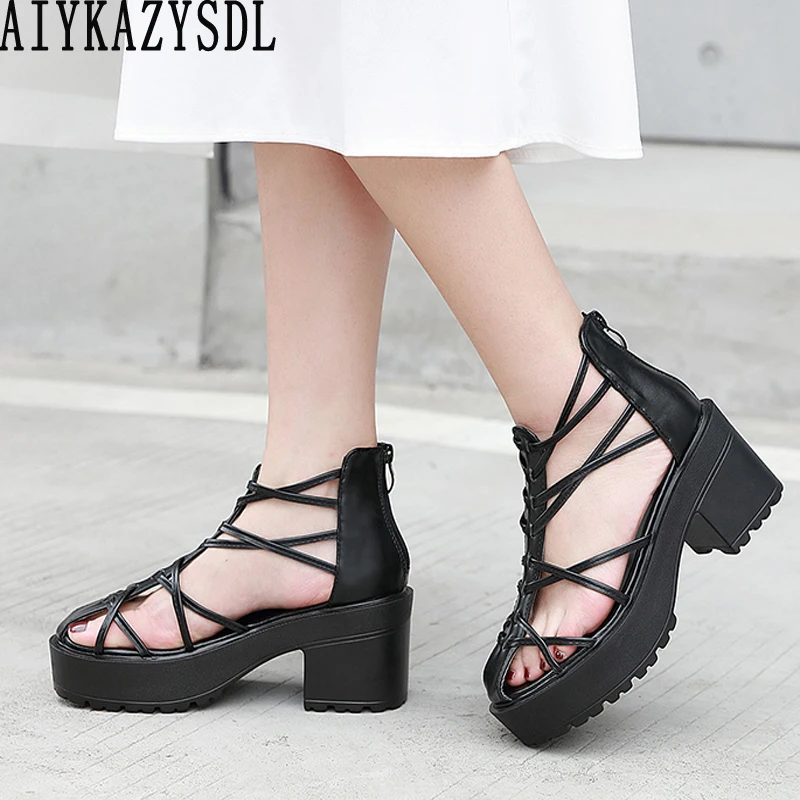 

AIYKAZYSDL Women Black Rome Gladiator Sandals Strappy Cut Out Summer Shoes Platform Chunky Block Heel Thick Bottom Shoes Bootie