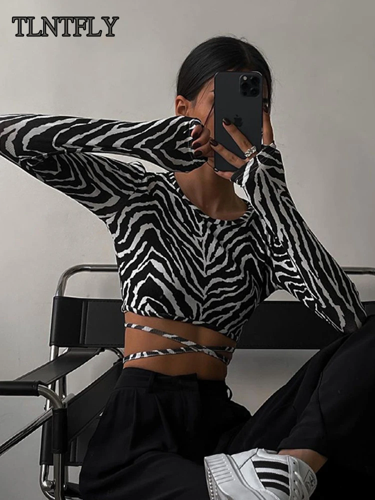 

TLNTFLY 2022 Summer Fashion Women's Long Sleeve T-Shirt Casual Navel-Laced Zebra Print Backless Sexy Cropped Top Streetwear