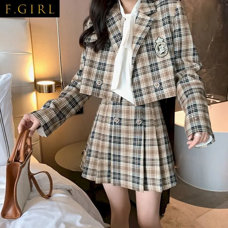 F GIRLS Women Blazer And Skirt Set Suits Fashion Cool Suits Autumn Plaid Small Suit Jacket High Waist Pleated Skirt 2 Piece Sets