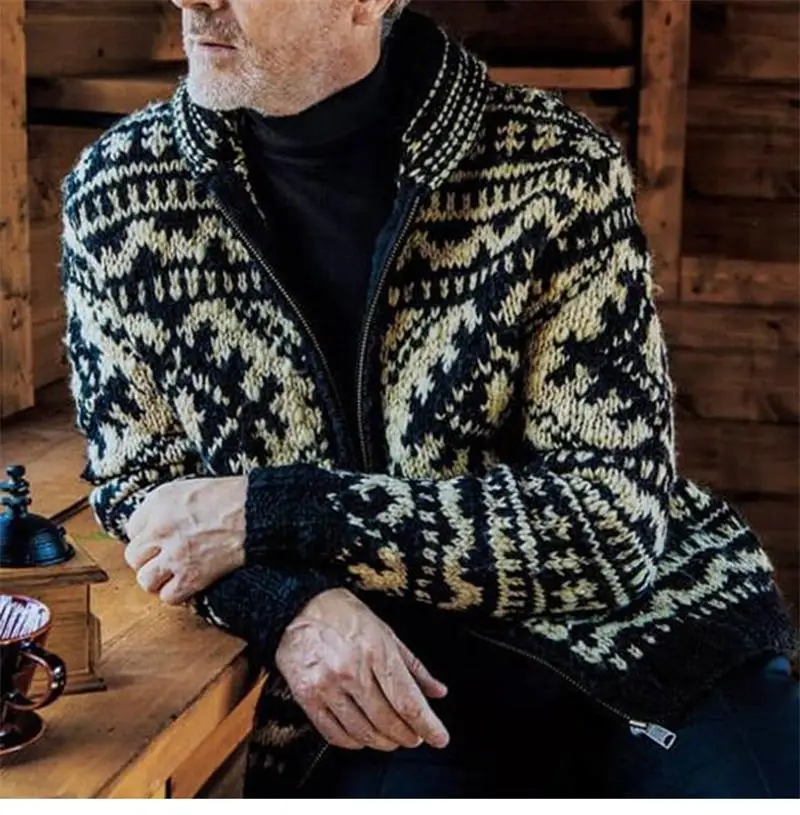 Men's Autumn And Winter New Style Street British  Retro Jacquard Knit Coat Lapel Long Sleeve Sweater Jacket