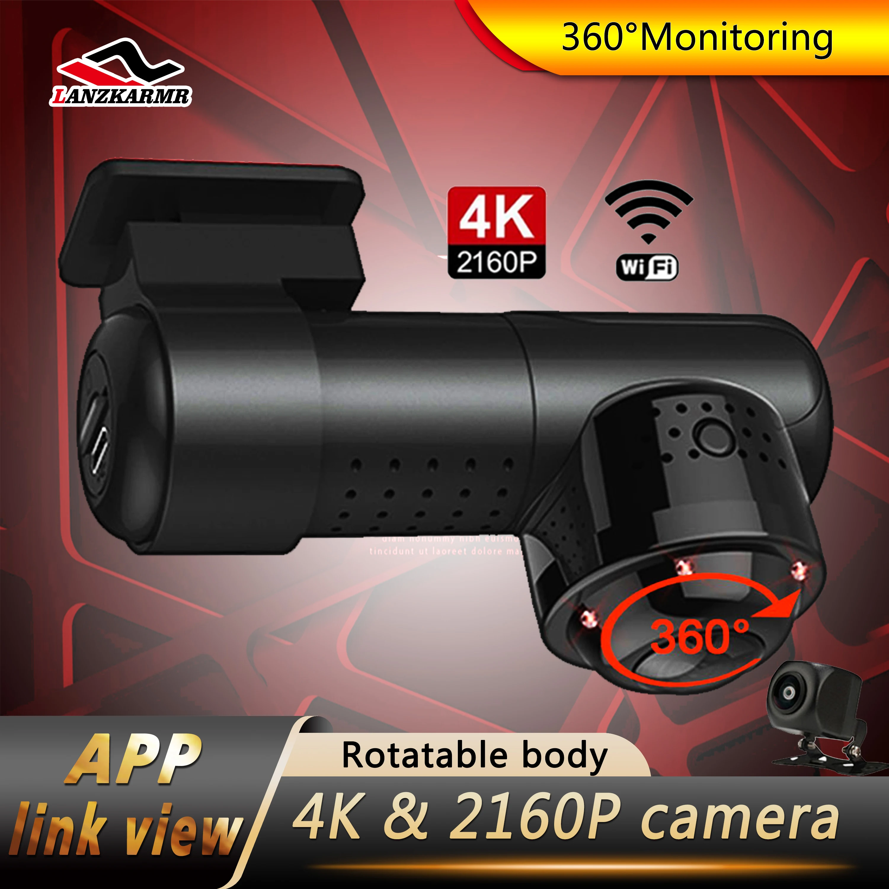 

Видеорегистратор с углом обзора 360 °, панорамный Автомобильный видеорегистратор, мобильный телефон с Wi-Fi, 4K 2160P HD Sony IMX326, двойной объектив, 24-ч...