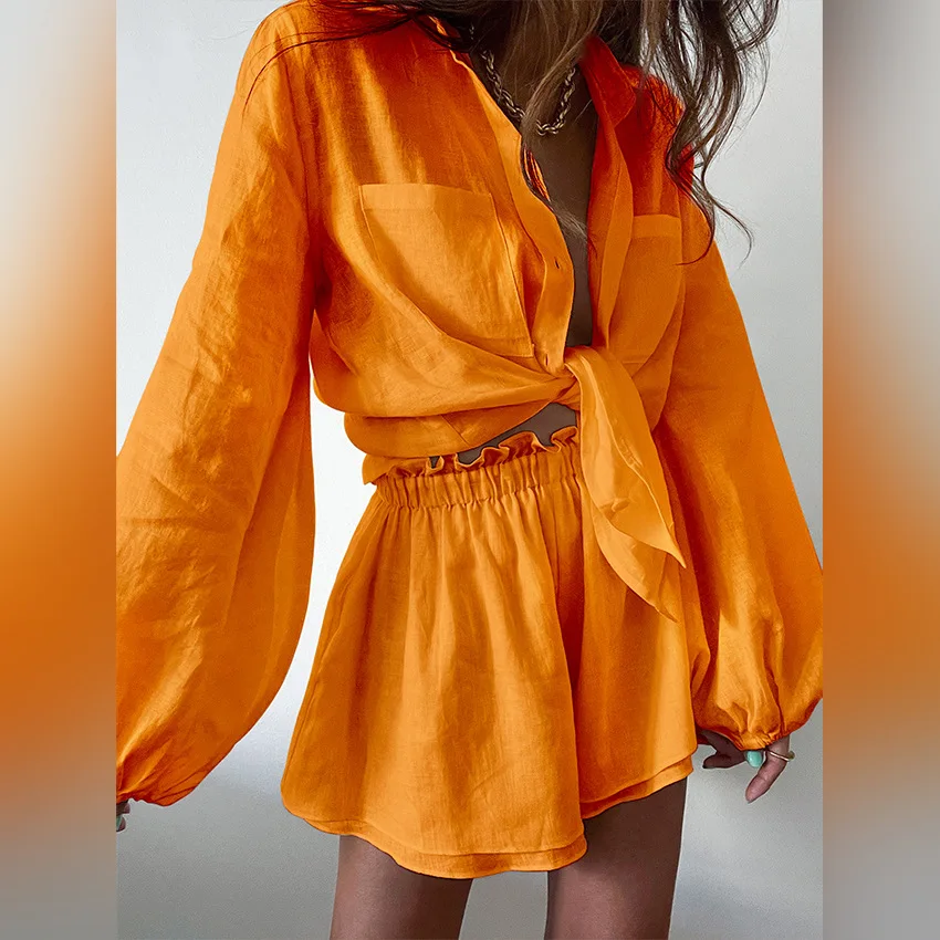 New Spring and Summer Women's Pure Cotton Pajama Suit Lantern Sleeve Long Sleeve+Shorts Casual Home Wear Two-Piece Set Sleepwear