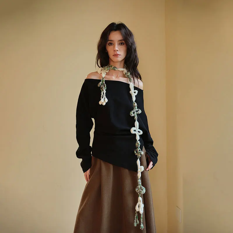 Нишевый Y2K вязаный цветок узкая полоска декоративный маленький шарф для женщин