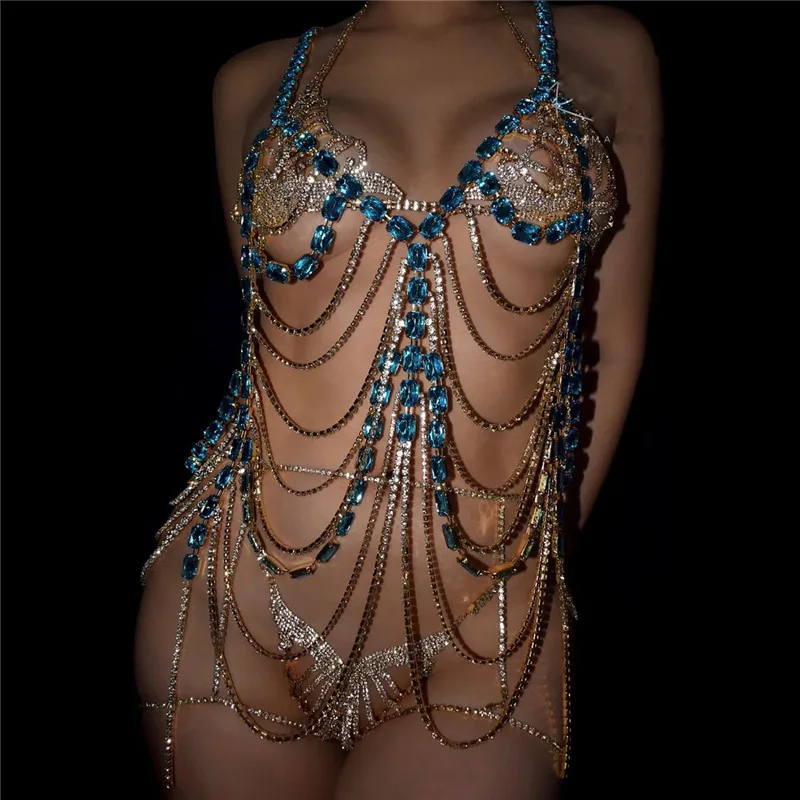 

Shiny Body Harness Chain Tassel Crystal Bra Top Chest Bra Panties Fashion Rhinestone Bikini Girl Festival Jewelry Accessories