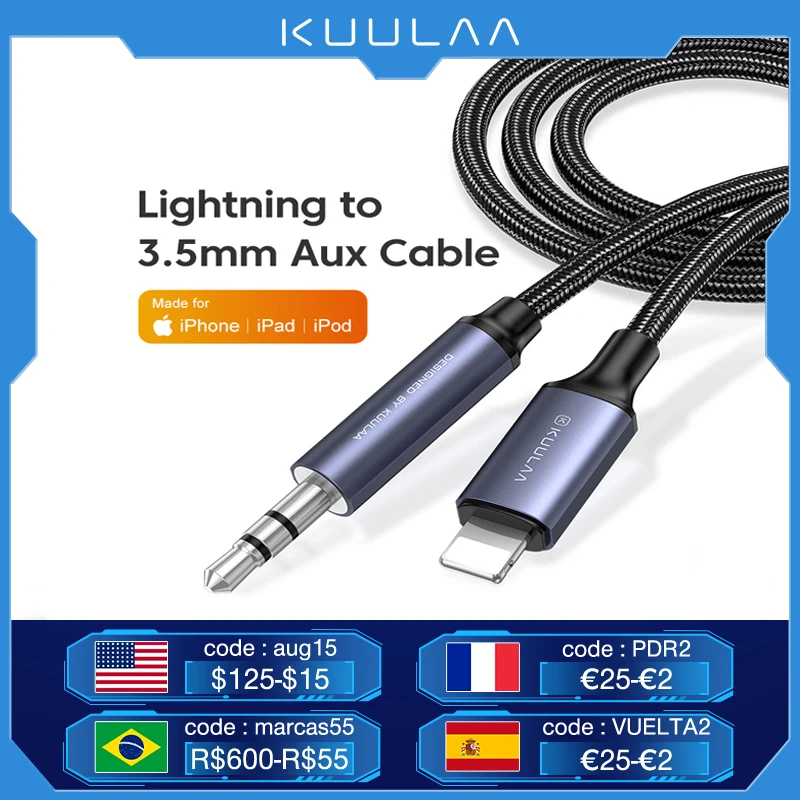 KUULAA Aux Cable For iPhone 13 12 11 Pro XS Max X XR 8 7 iPad IOS 3.5mm Jack Male Cable Car Converter Headphone Audio Adapter