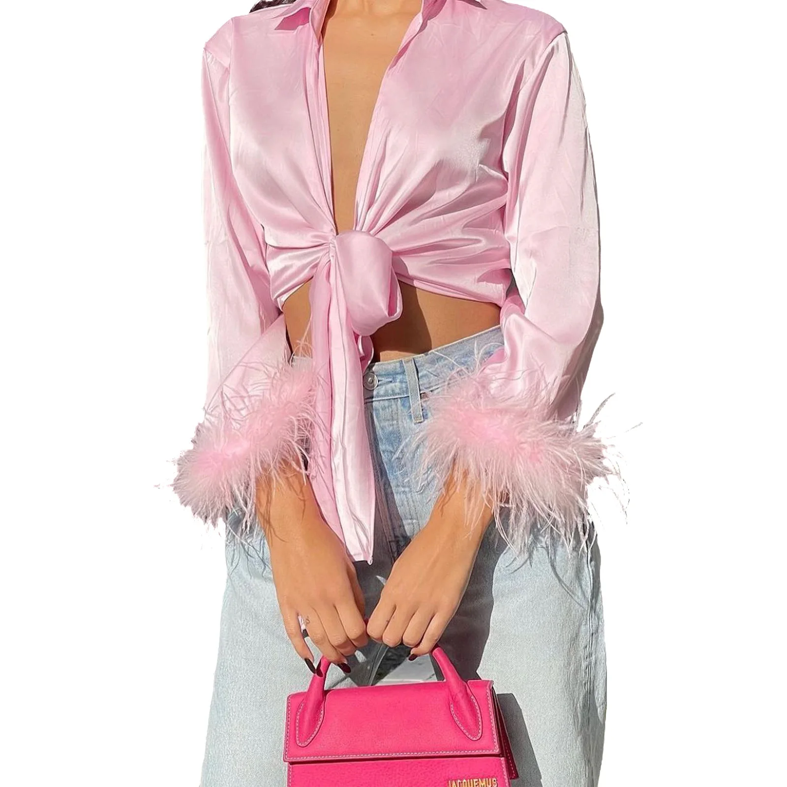 

Women'S 3/4 Sleeve Tie Front Shirt Cardigan Satin V Neck Vintage Feather Sleeve Crop Shirt Harajuku E-Girl Shirt Club Streetwear