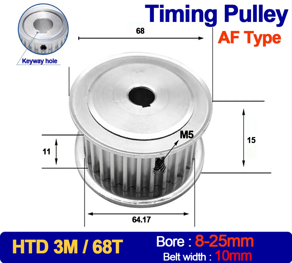 

1PC 68Teeth HTD 3M Timing Pulley Teeth Pitch 3mm Keyway Bore 8mm-25mm For HTD3M Synchronous Belt Width 10mm 68T 68 Teeth