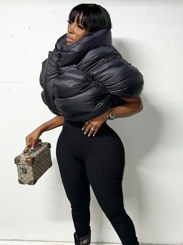 Yesikey Women's New Fleece-filled Padded Jacket Fashion Stand-up Collar Zipper Short Top Cropped Navel  Y2K Casual Padded Jacket