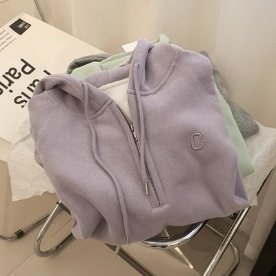 

Winter Korean Solid Color Plush Thickened Hooded Pullover Sweater Women's Loose Casual Versatile Sports Coat Trend