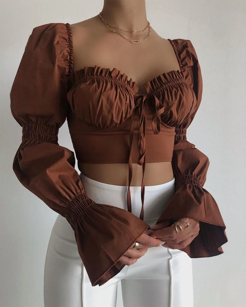 

Women Elegant Fashion Puff Long Sleeve Ruffle Lace-up T-Shirt Women Square Collar Bustiers Crop Tops Autumn Winter Clothes