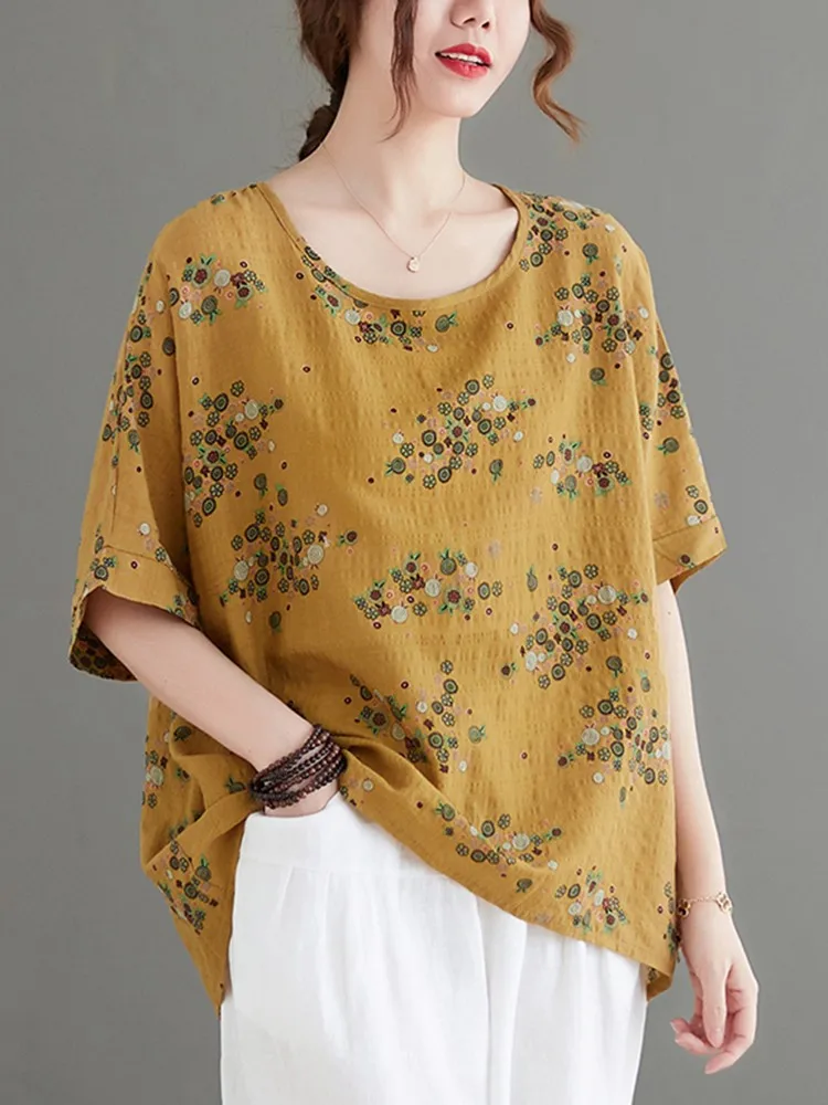 100% Cotton Women Casual T-shirts New Arrival 2022 Summer Vintage Style Floral Print Loose Female Short Sleeve Tops Tees B1660 |