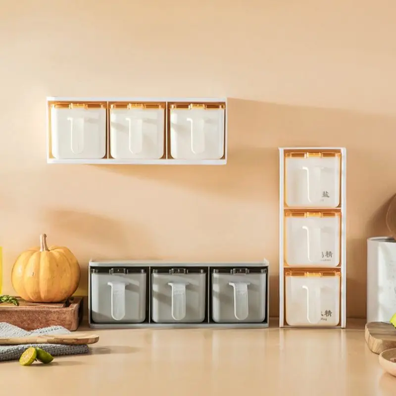 

Creative Wall-Mounted Seasoning Box Kitchen Storage Salt Sugar Seasoning Jar Set