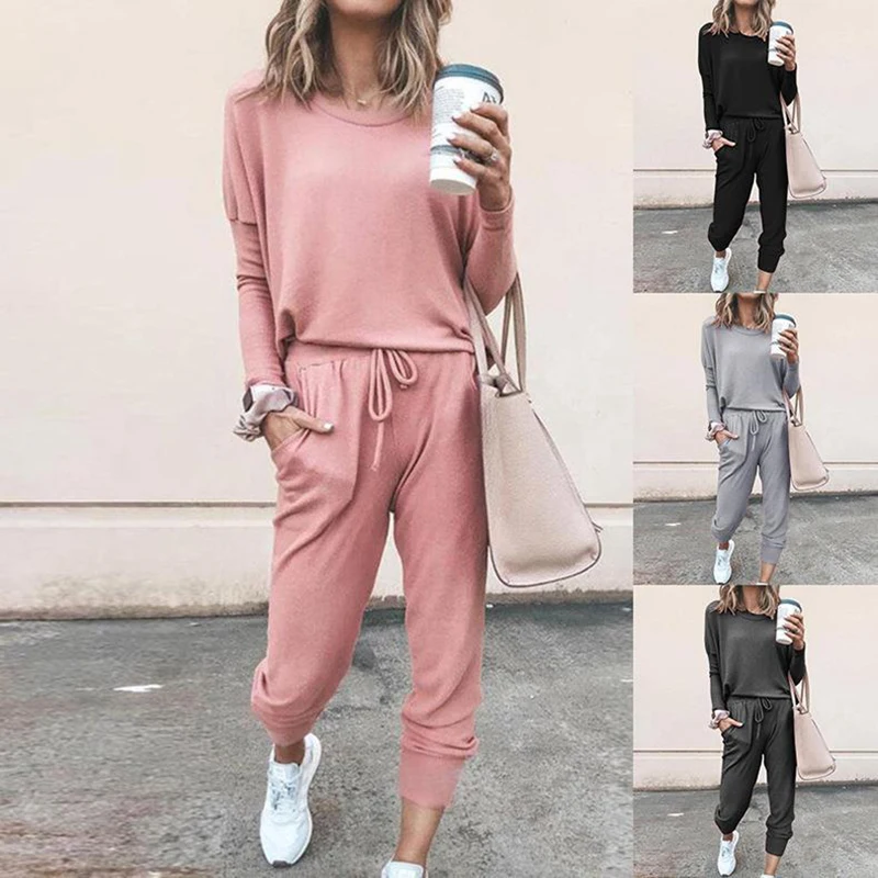 2022 Women's Solid Color Two Piece Outfit Long Sleeve Athletic Cloth Crewneck Pullover Tops And Long Pants Sweatsuits Tracksuits