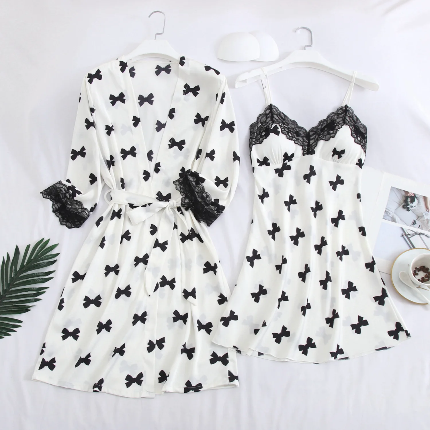 

White Bride Bridesmaid Wedding Robe Set Sexy Satin Bathrobe Nightgown Spring Summer Women 2PCS Sleepwear Print Bow Home Dress