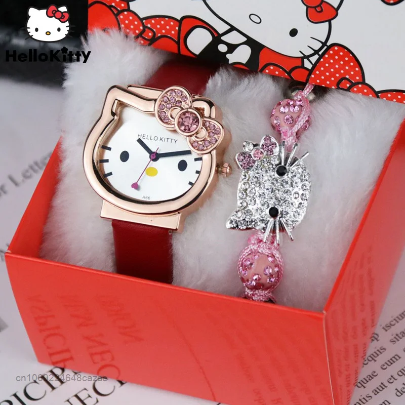

Sanrio, милые часы Hello Kitty, часы и браслет для студентов, наборы из 2 частей, подарок для девочек Y2k, модные аксессуары, детские наручные часы