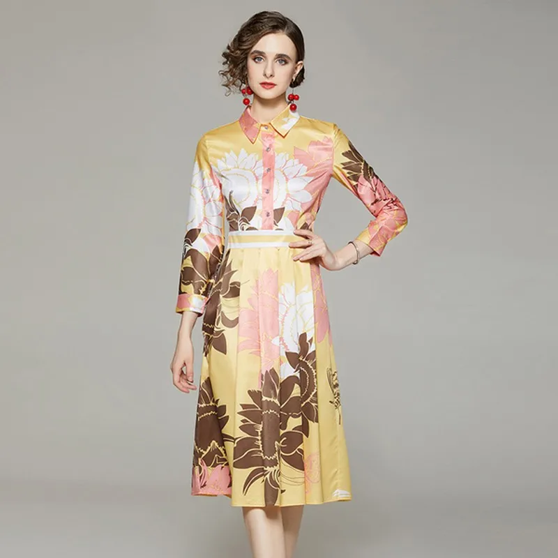 

Autumn Fashion Runway Dress for Women Turn Down Collar Long Sleeve Print Elegant Midi Shirt Party Dress Vestidos