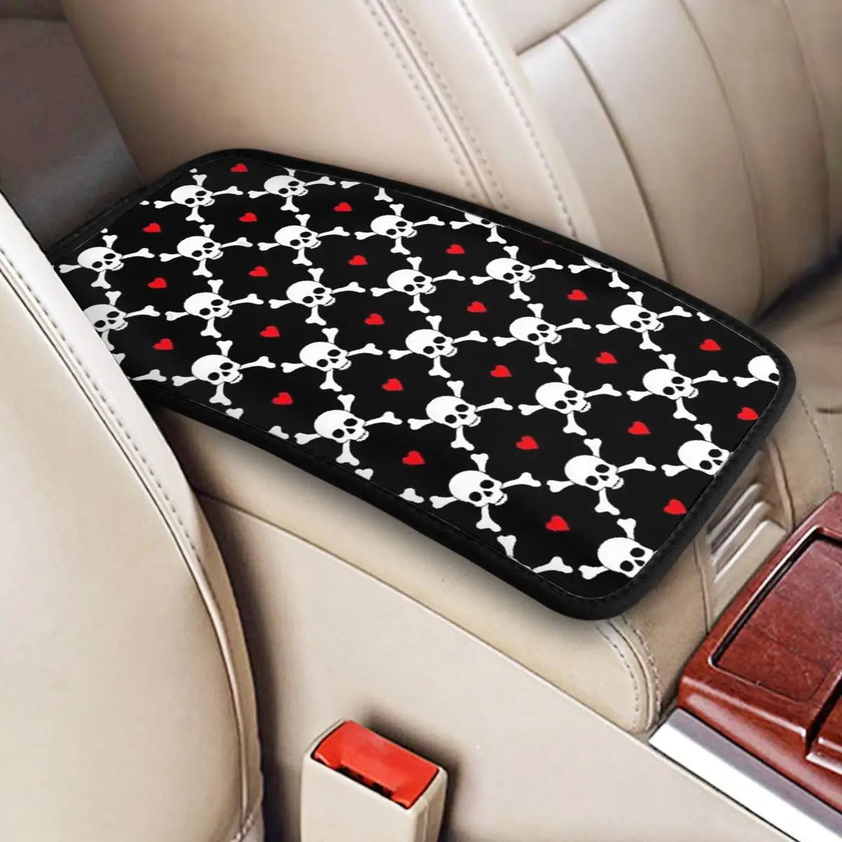 

Leather Car Armrest Cover Mat Death Skull Gothic Non-slip Center Console Protective Cushion Pad Auto Interior