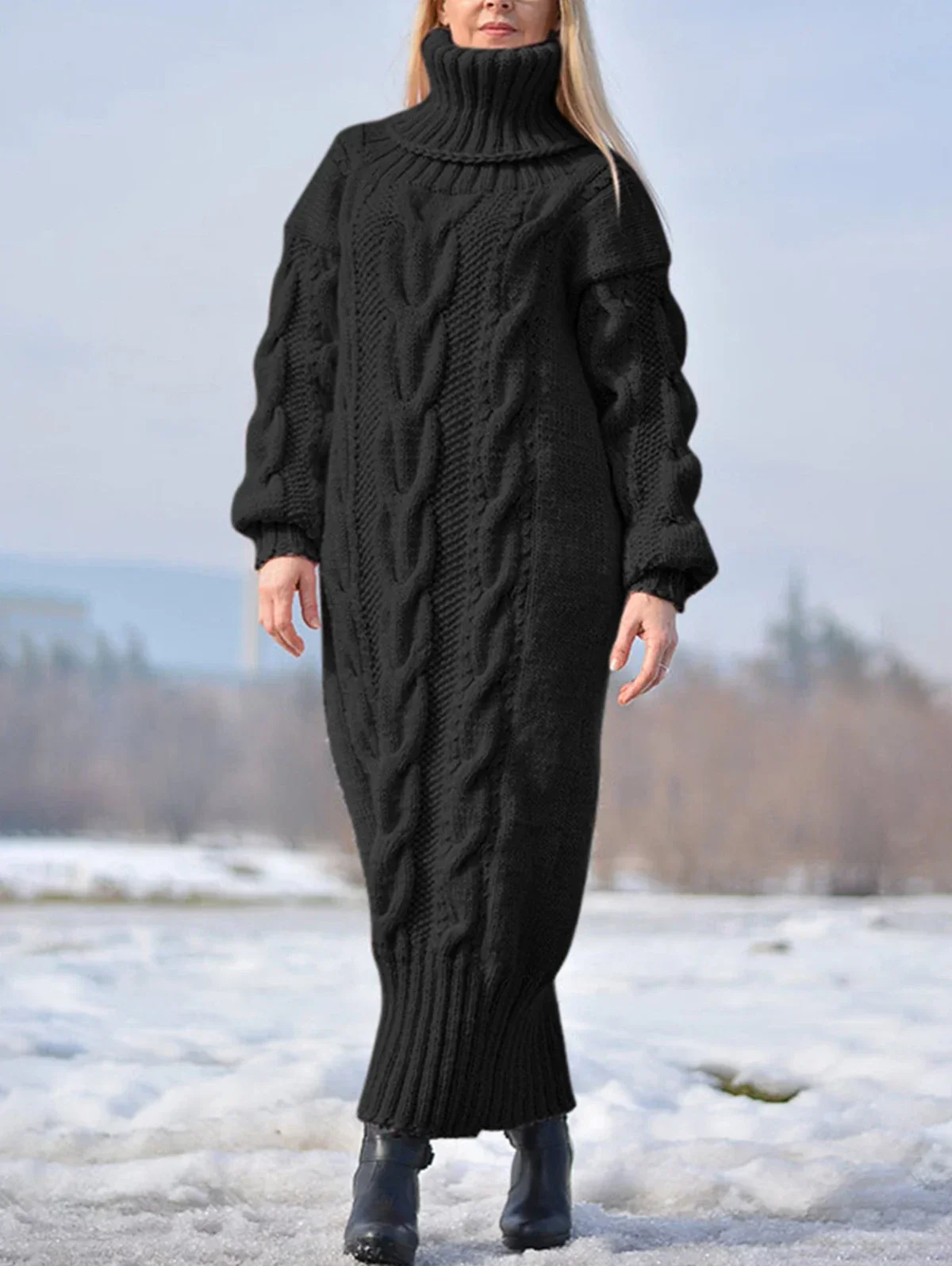 

Женское платье-свитер с высоким воротником, вязаное свободное однотонное длинное платье в полоску, зимнее винтажное модное женское платье